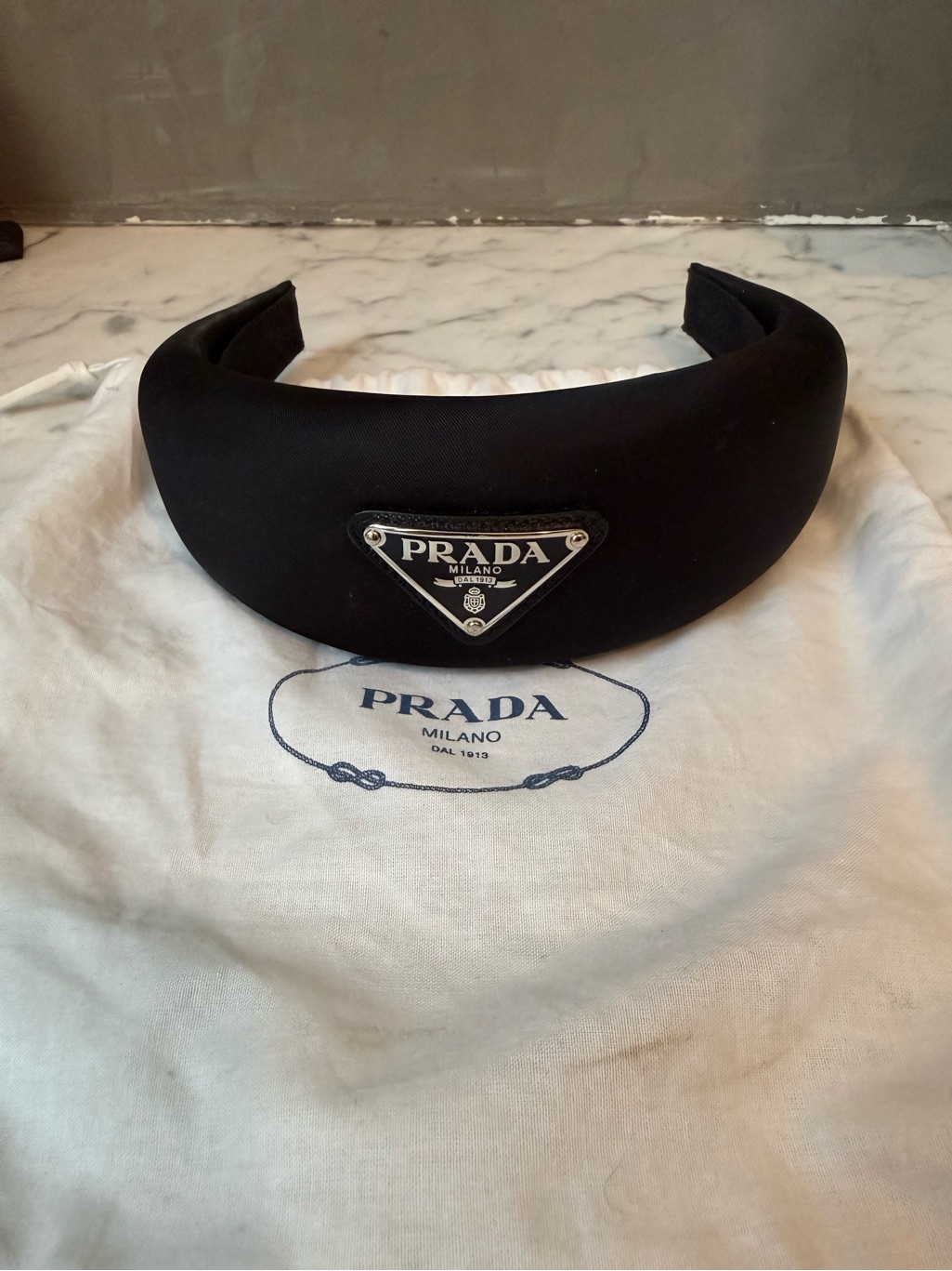 Prada Black Padded Headband With Silver Logo Plaque
